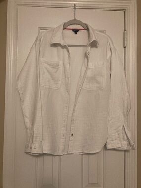 Nautica White Button-Down Textured gauzy Cotton Shirt